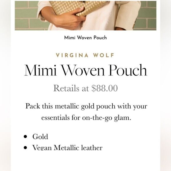 NWT Virginia Wolf Mimi Woven Gold Metallic Pouch Clutch Bag - Picture 11 of 13